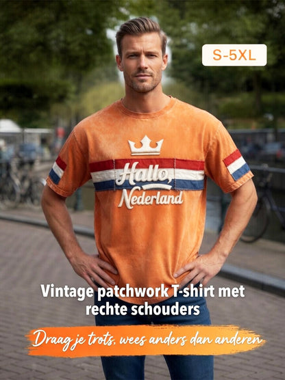 Heren Oranje “Hello Netherland” Patchwork Print Casual T-shirt