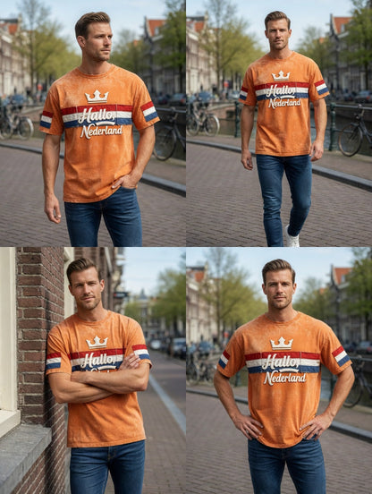 Heren Oranje “Hello Netherland” Patchwork Print Casual T-shirt