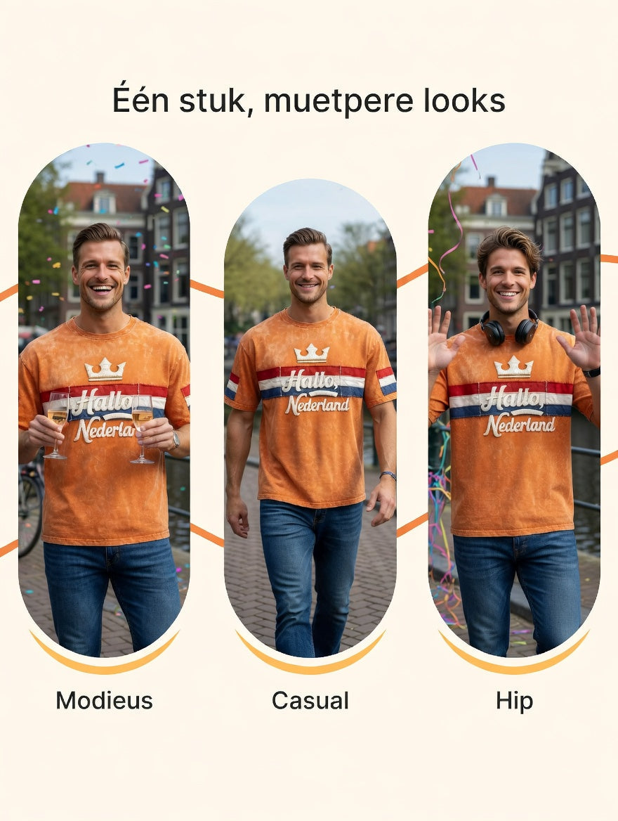 Heren Oranje “Hello Netherland” Patchwork Print Casual T-shirt