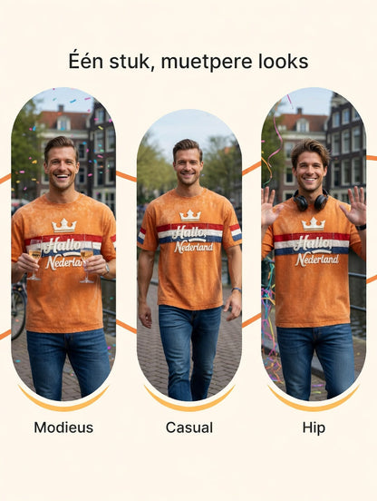 Heren Oranje “Hello Netherland” Patchwork Print Casual T-shirt