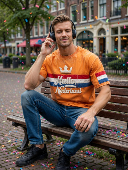 Heren Oranje “Hello Netherland” Patchwork Print Casual T-shirt