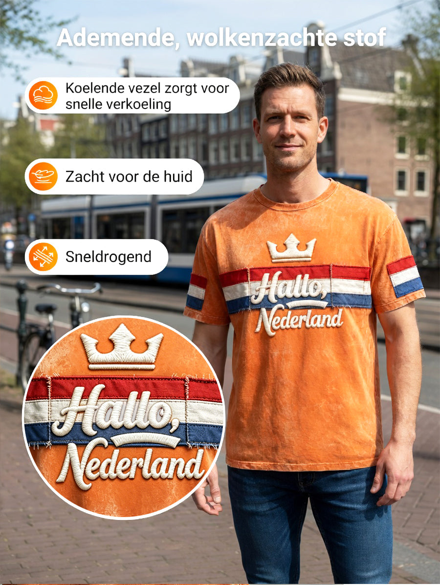 Heren Oranje “Hello Netherland” Patchwork Print Casual T-shirt