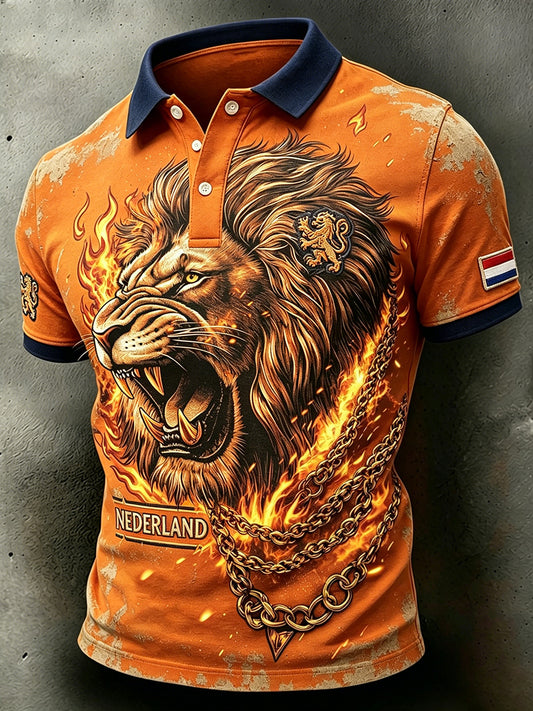 Herenpolo met slijtage-effect en leeuwenprint