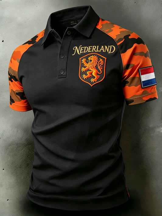 Herenpolo met verweerd camouflagepatroon, leeuwenprint en raglanmouwen