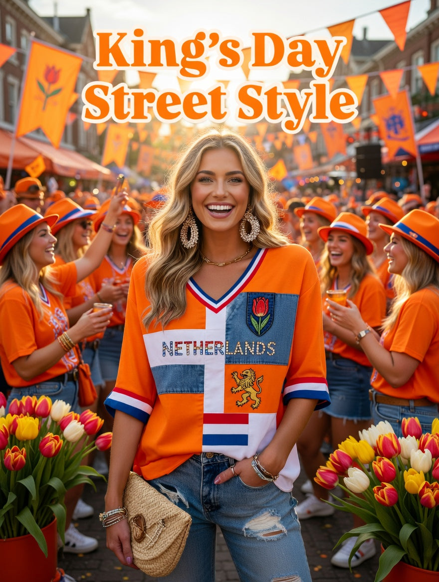 Dameskunstprint met V-hals ter ere van Koningsdag in Nederland