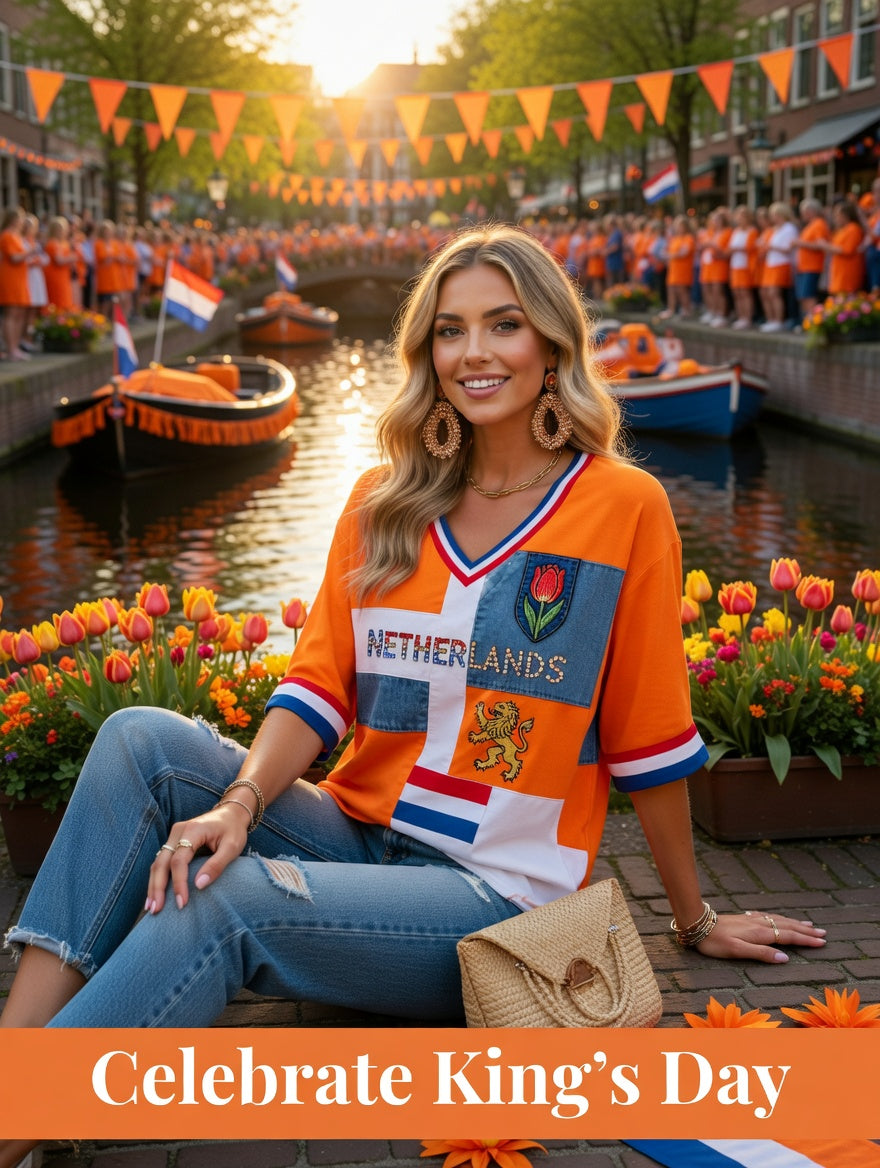 Dameskunstprint met V-hals ter ere van Koningsdag in Nederland