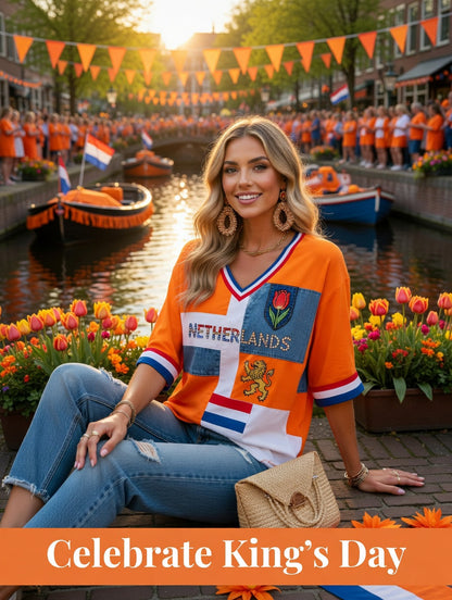 Dameskunstprint met V-hals ter ere van Koningsdag in Nederland