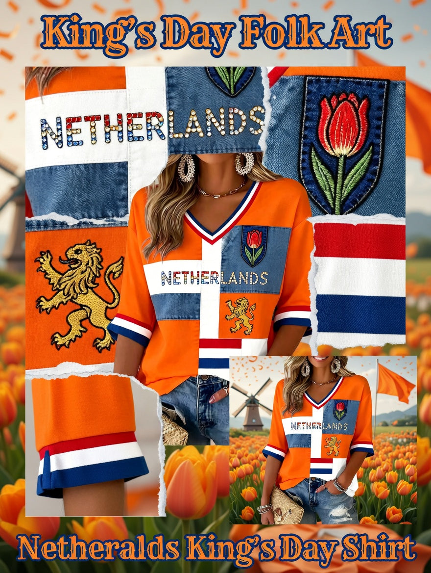 Dameskunstprint met V-hals ter ere van Koningsdag in Nederland
