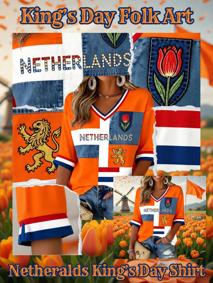 Dameskunstprint met V-hals ter ere van Koningsdag in Nederland