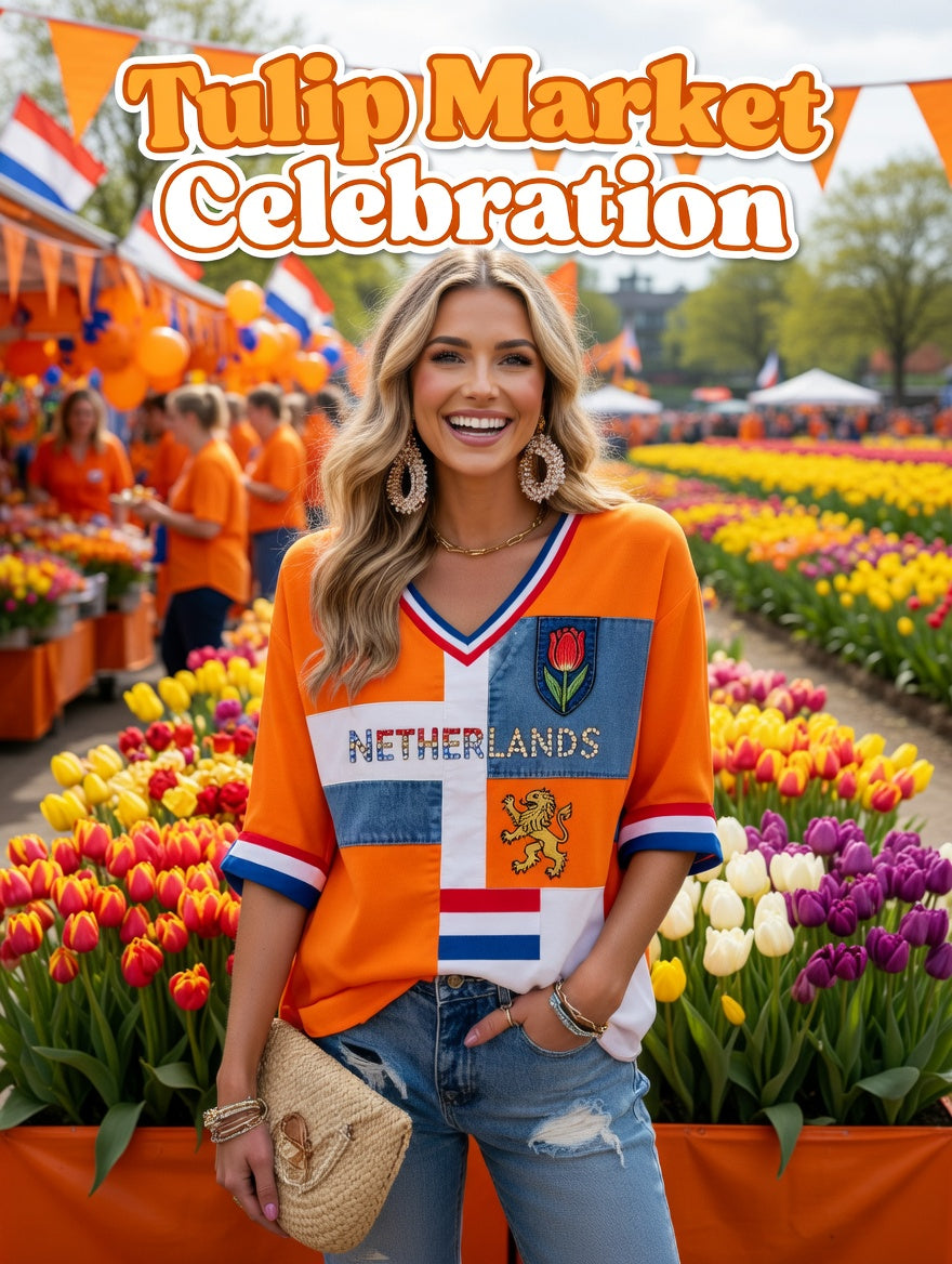 Dameskunstprint met V-hals ter ere van Koningsdag in Nederland