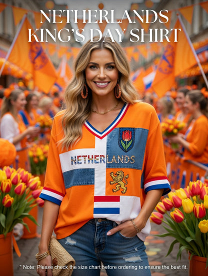 Dameskunstprint met V-hals ter ere van Koningsdag in Nederland
