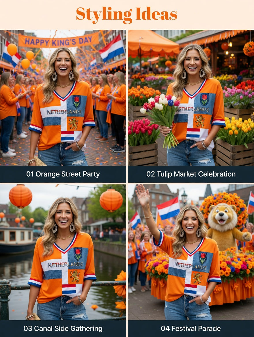 Dameskunstprint met V-hals ter ere van Koningsdag in Nederland