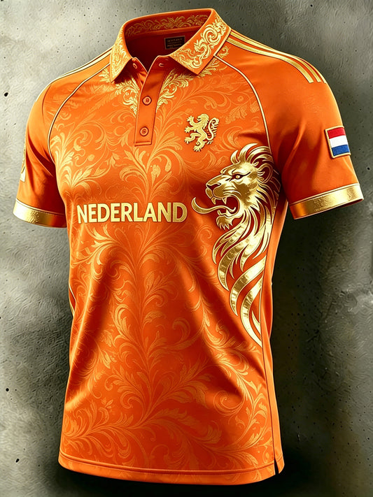 Herenpolo met gouden leeuwendessin en raglanmouwen