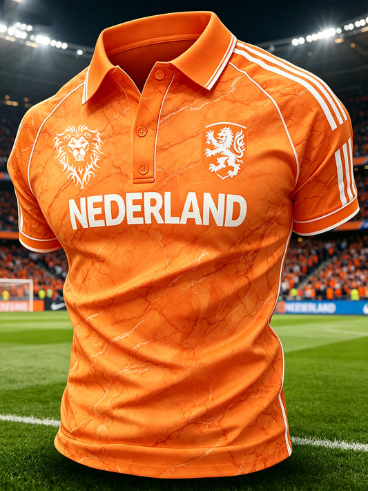Poloshirt Raglan-mouw voor heren met voetbal en leeuwdruk