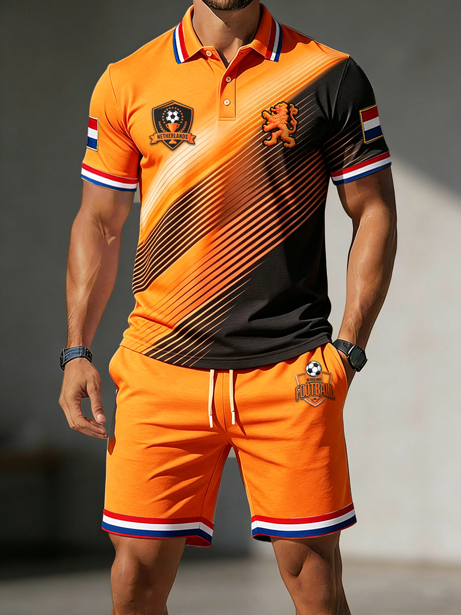 Herenpolo en -shorts set met gestreepte print in Nederlandse stijl voor vrijetijdssport