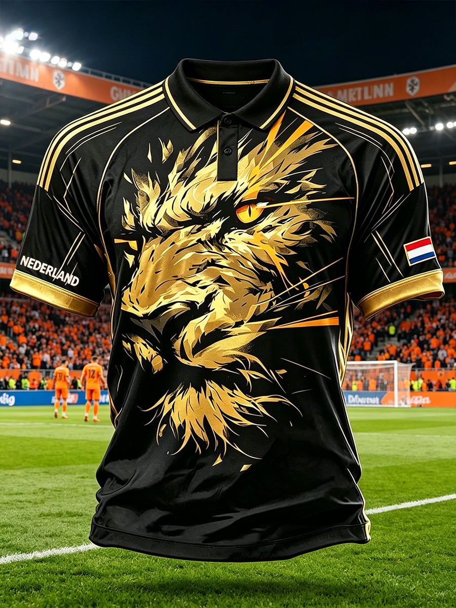 Donkere Gouden Voetbal Leeuwenprint Raglan Mouw Poloshirt