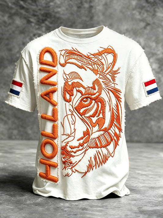 Heren Nederlands Tijger 3D-geprinte vintage witte casual t-shirt