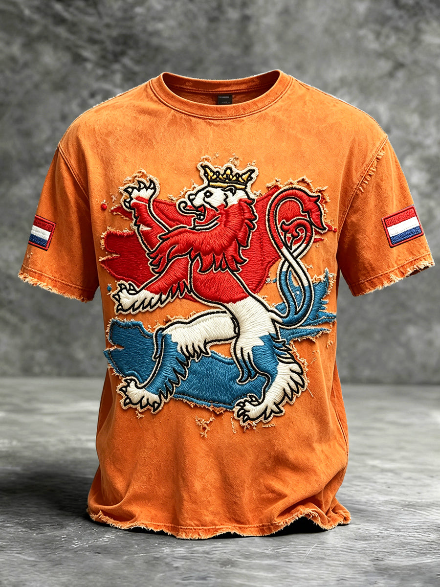 Heren T-shirt in oranje retro vintage-stijl met patchworkprint van de Nederlandse vlag