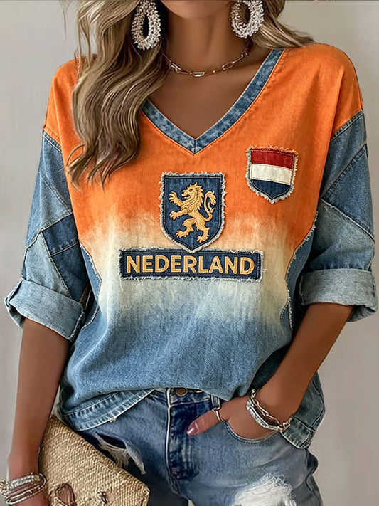 Dames Vintage Nederlands Leeuwenteken Artistieke Gradiënt V-hals T-shirt