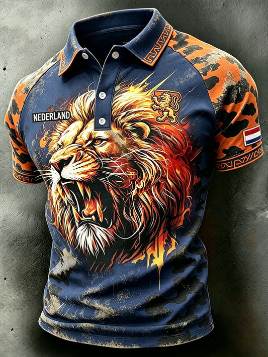 Herenruste camouflage leeuwprint poloshirt met Raglan mouw