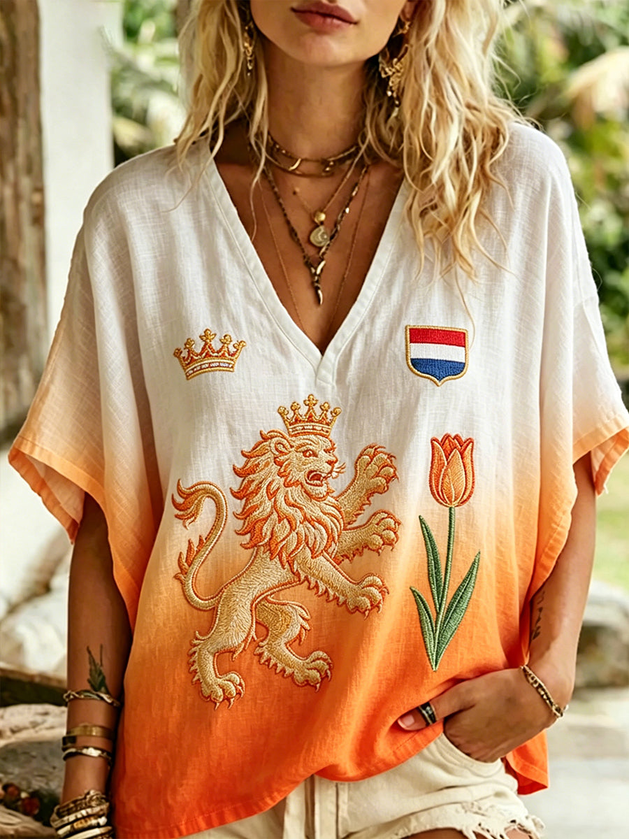 Dames leeuw en bloemenprint V-hals top