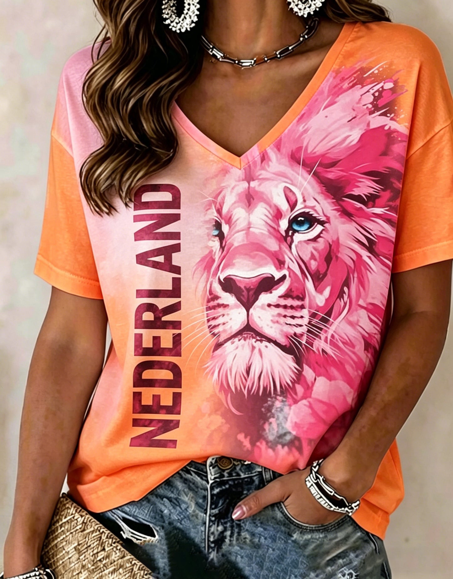 Dames T-shirt met kunstprint ter herinnering aan Koningsdag in Nederland