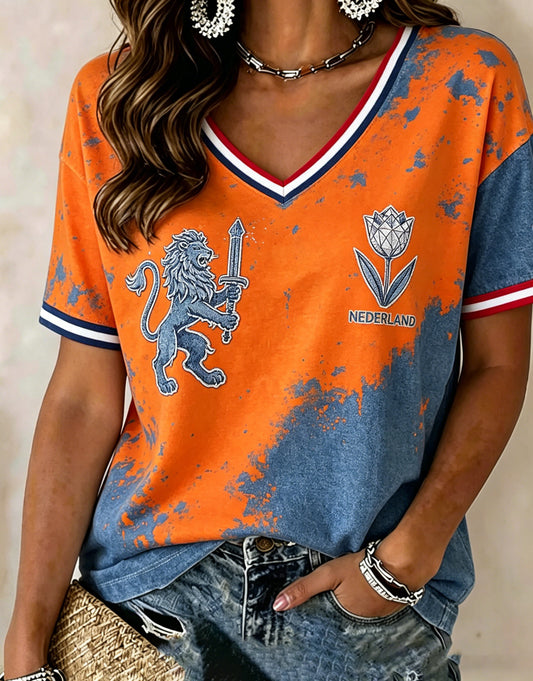 Dames T-shirt met kunstprint ter herinnering aan Koningsdag in Nederland
