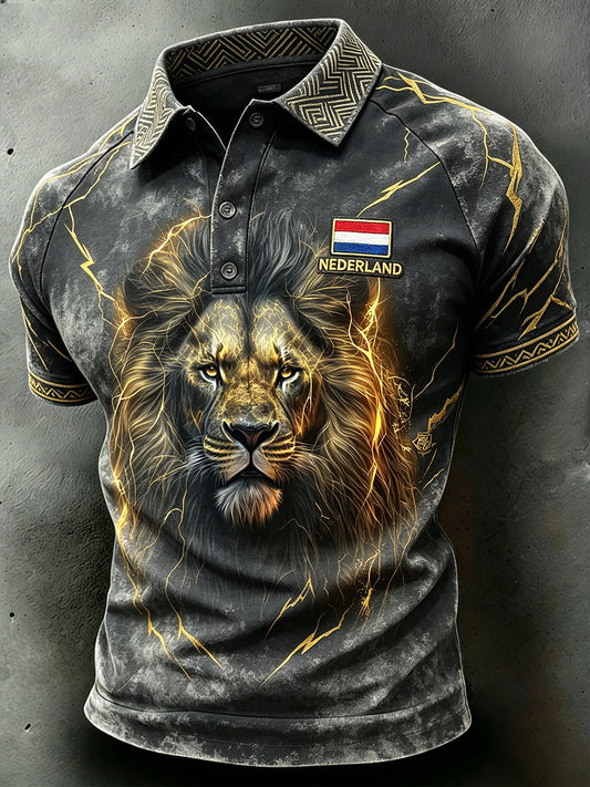 Herenpolo met versleten bliksemschicht- en leeuwenprint en raglanmouwen