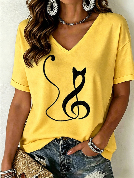 Dames T-shirt met kattenprint en V-hals