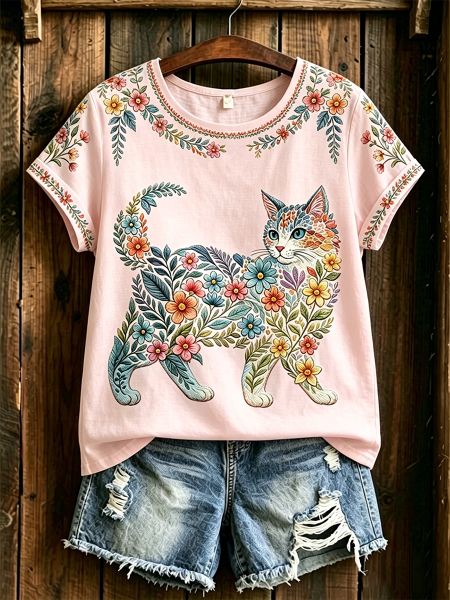 Damescasual T-shirt met bloemen- en kattenprint