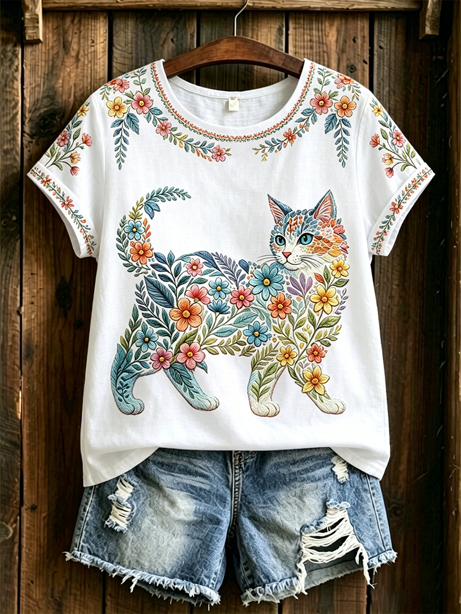 Damescasual T-shirt met bloemen- en kattenprint
