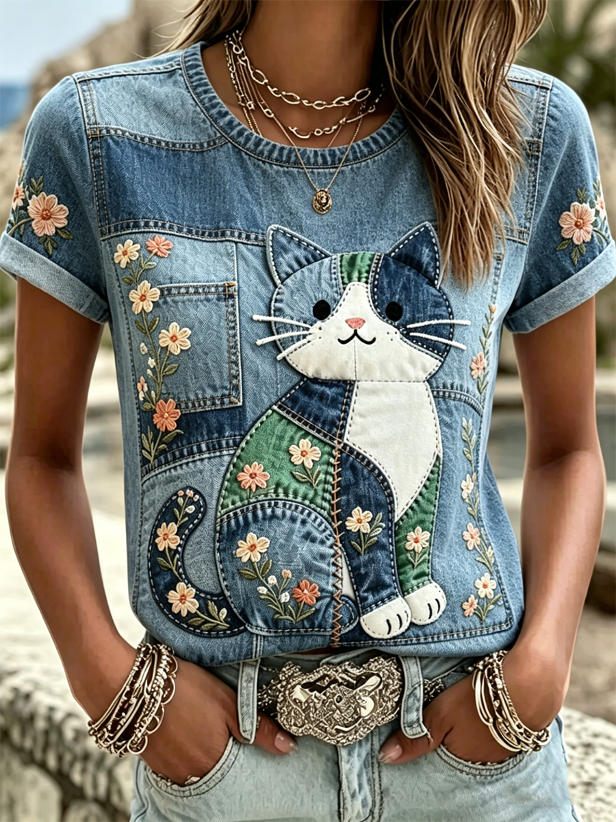Dames T-shirt met kattenprint en korte mouwen