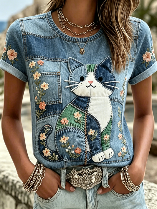 Dames T-shirt met kattenprint en korte mouwen
