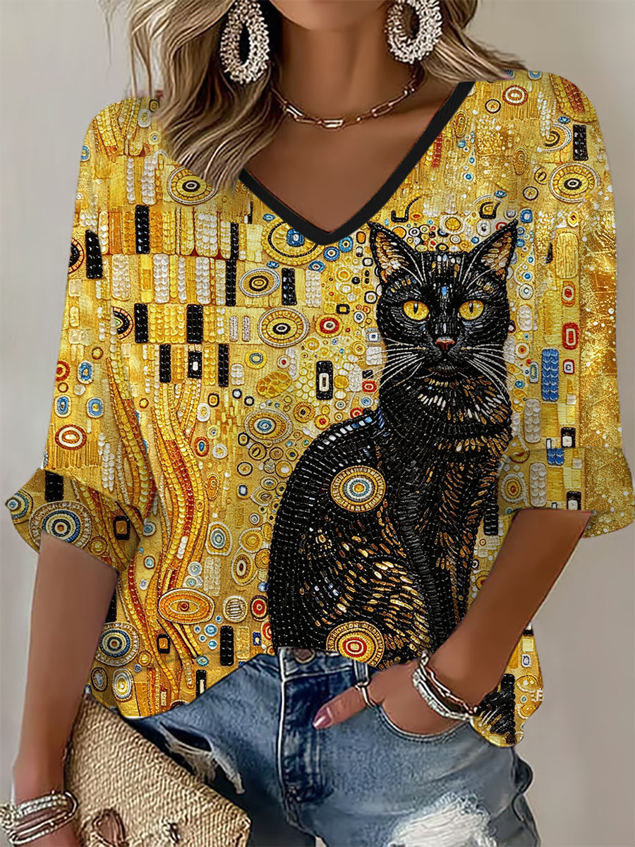 Glitter zwart kattenkunstwafel T-shirt voor dames