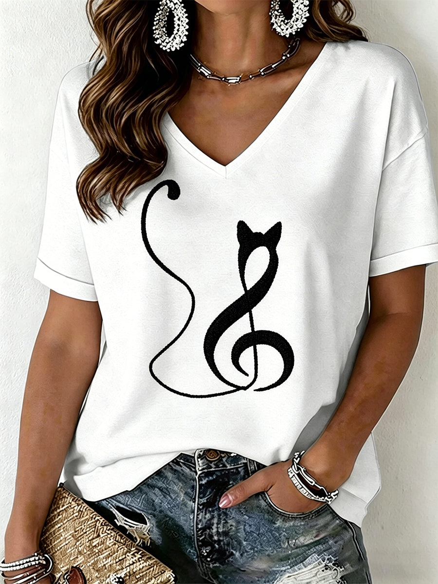 Dames T-shirt met kattenprint en V-hals