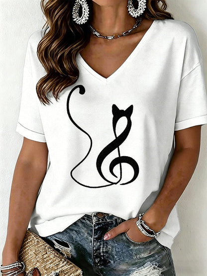Dames T-shirt met kattenprint en V-hals