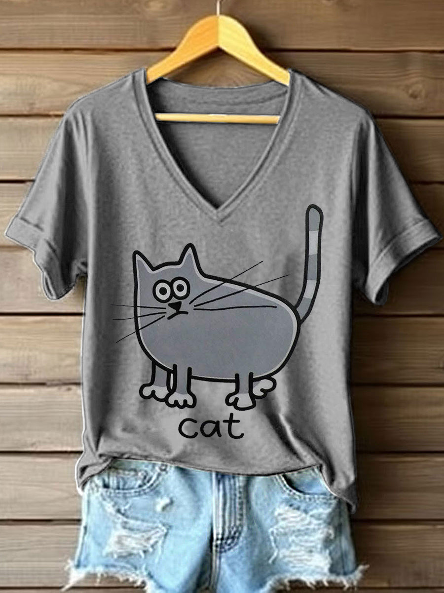 Schattige kat met V-hals T-shirt voor dames