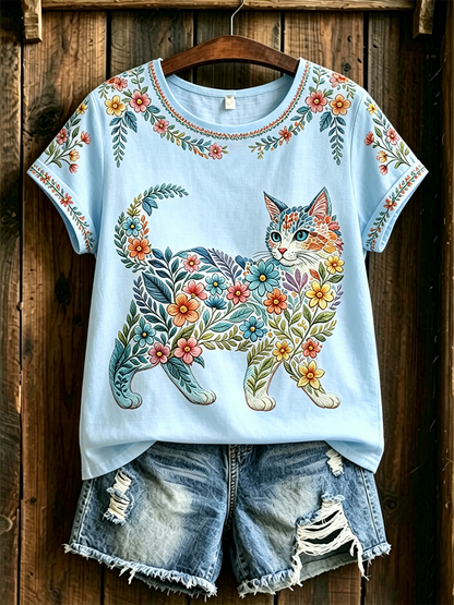 Damescasual T-shirt met bloemen- en kattenprint
