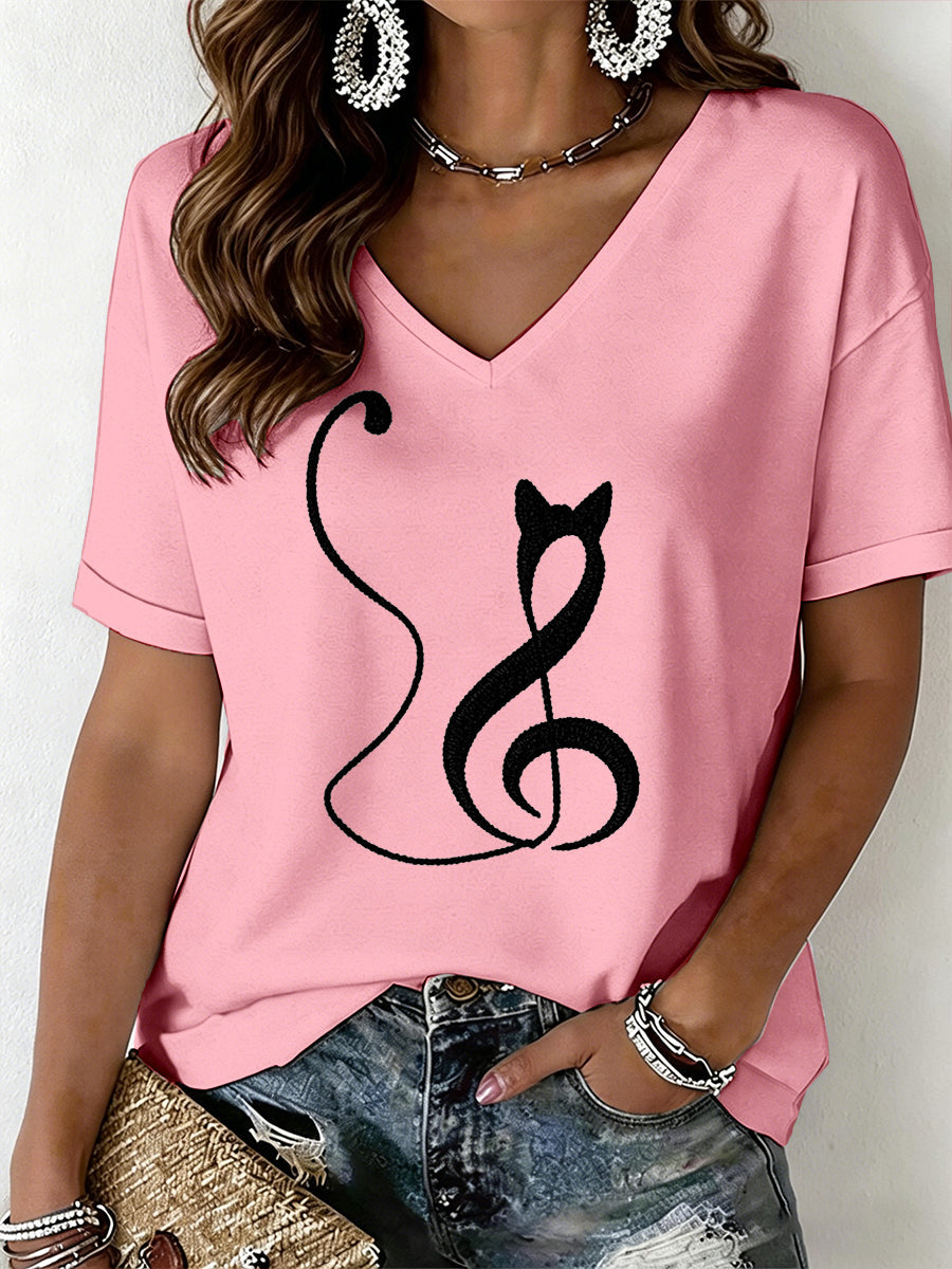 Dames T-shirt met kattenprint en V-hals