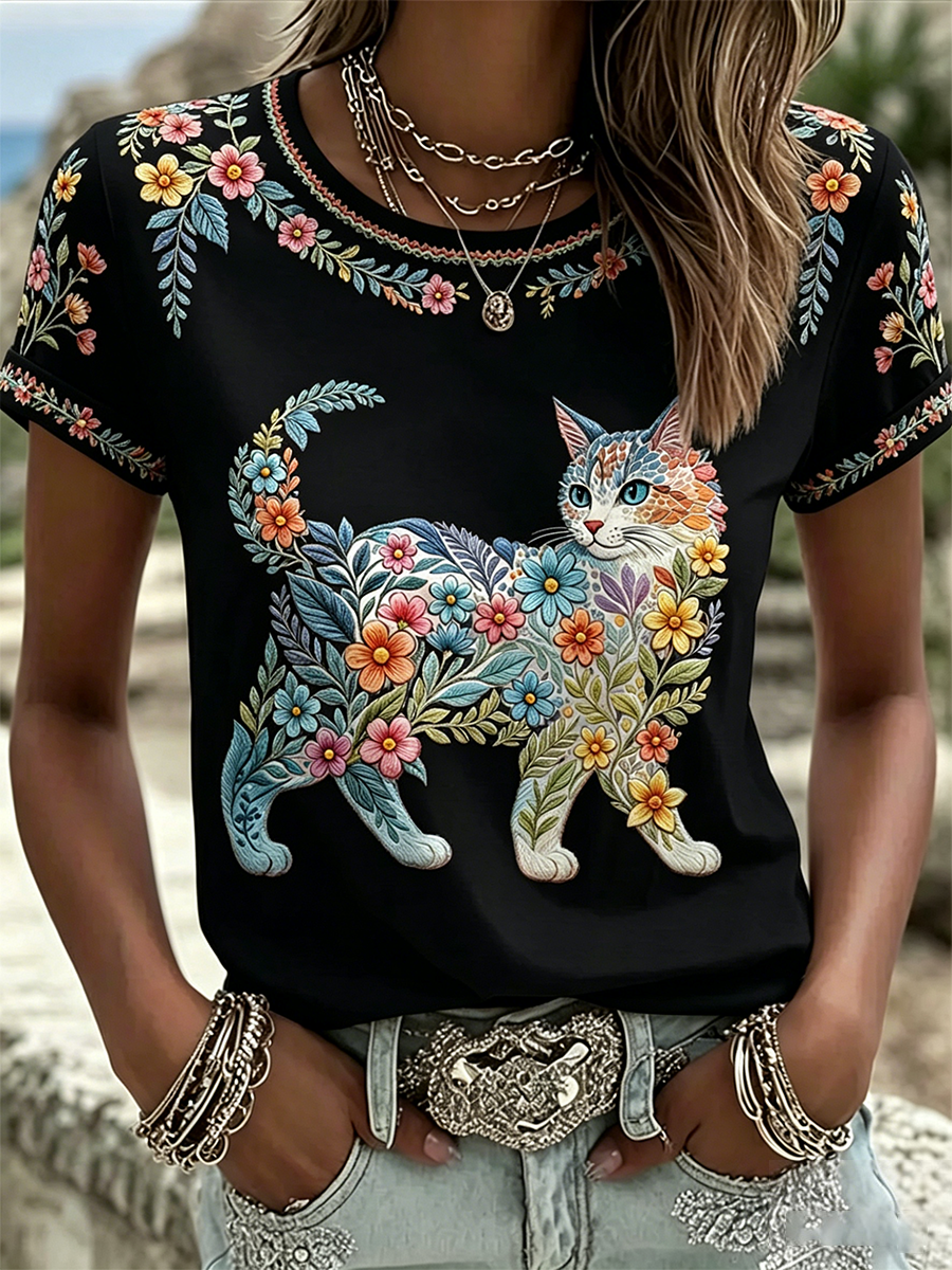 Damescasual T-shirt met bloemen- en kattenprint