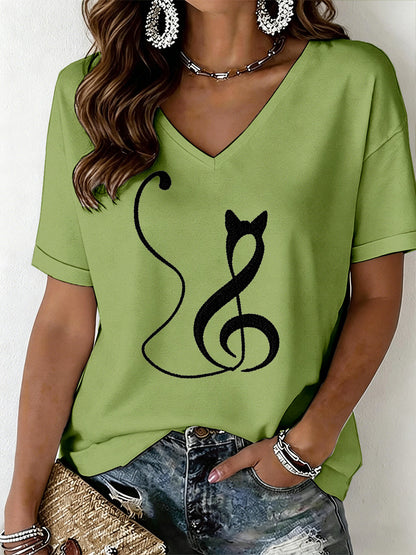 Dames T-shirt met kattenprint en V-hals