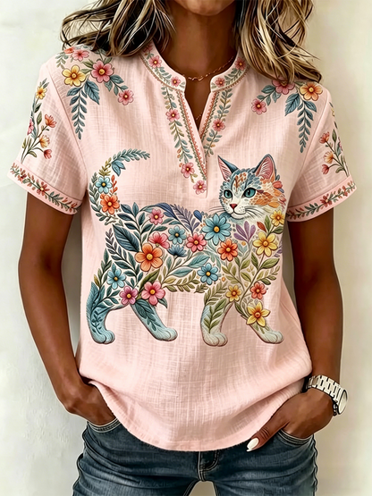 Damescasualtop met bloemen- en kattenprint en V-hals