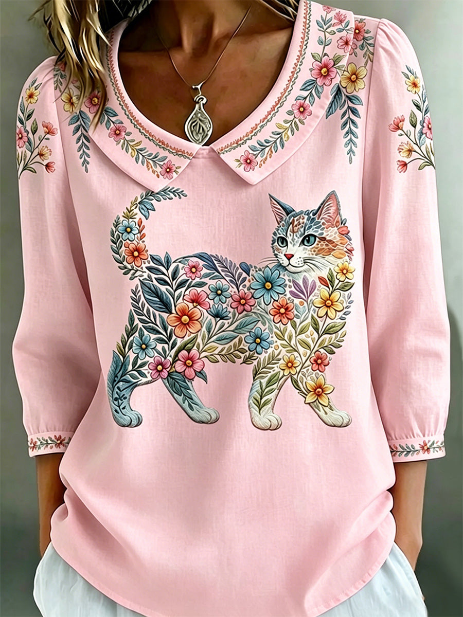 Damescasualtop met bloemen- en kattenprint