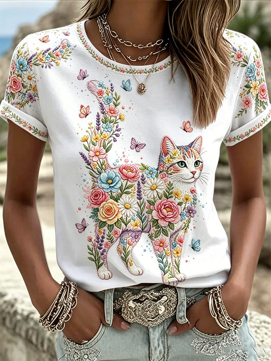 Damescasual T-shirt met bloemen- en kattenprint