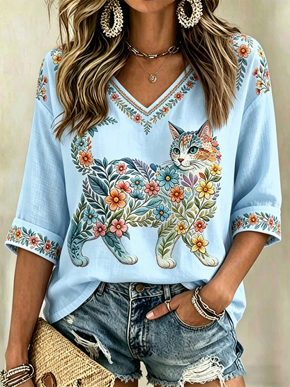 Damescasualshirt met bloemen- en kattenprint en V-hals