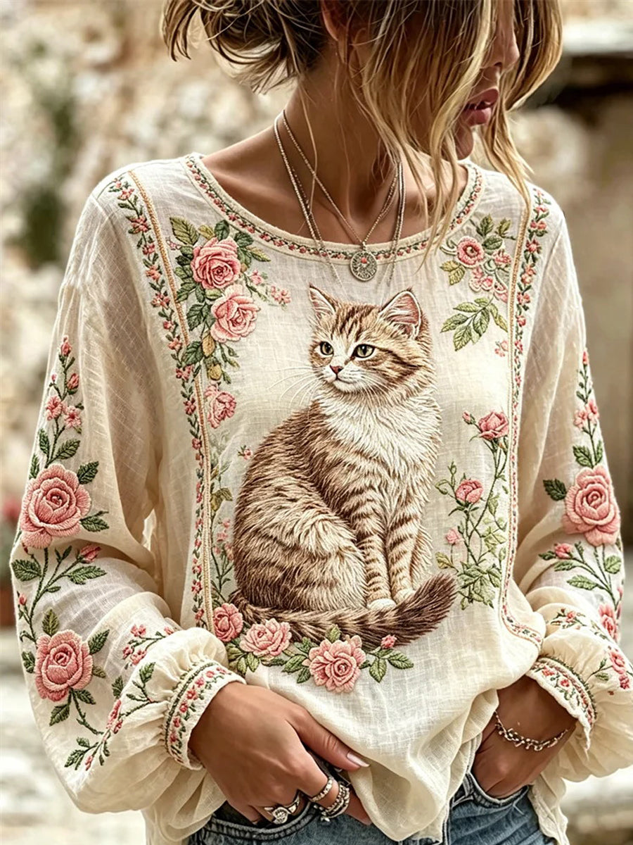 Damesshirt met kattenborduurwerk en print