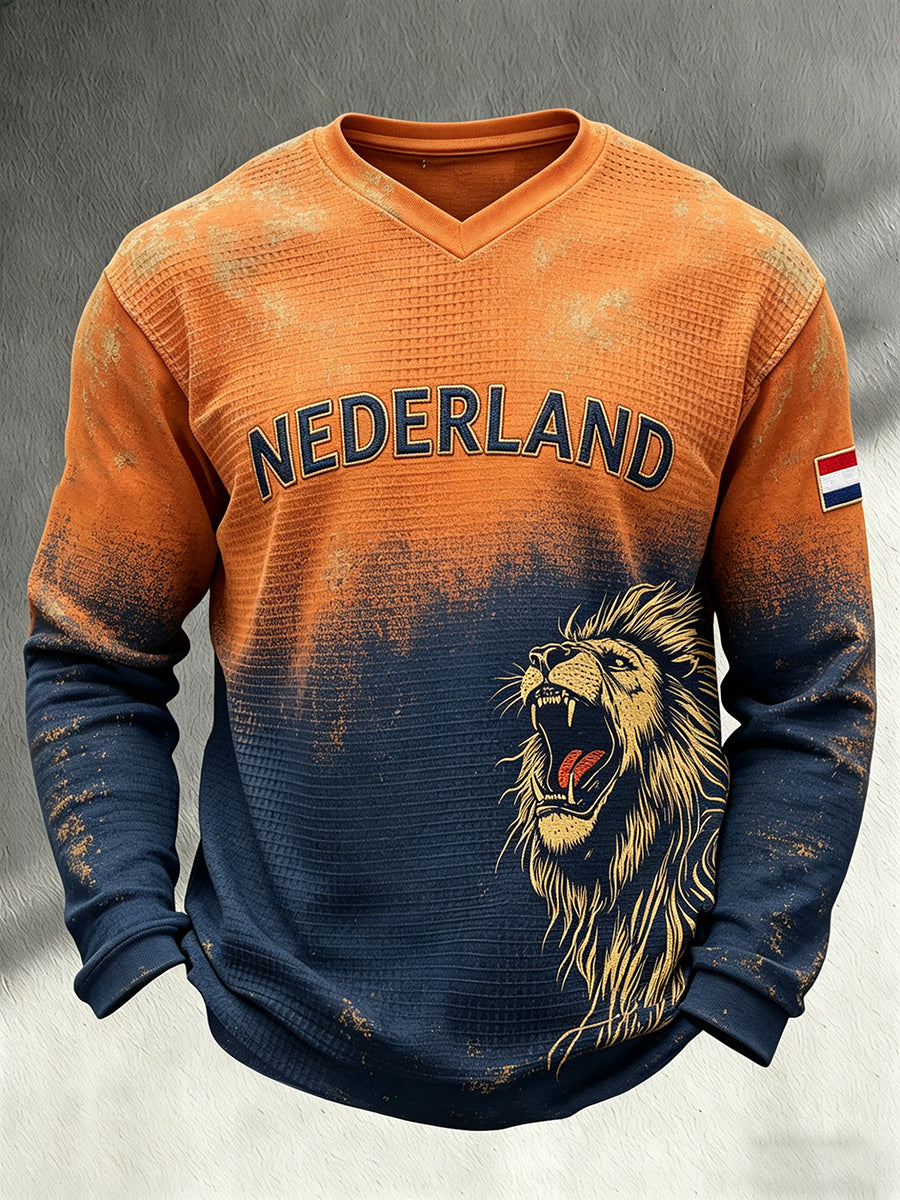 Heren T-shirt met lange mouwen en wafelpatroon, voorzien van een leeuwenmotief