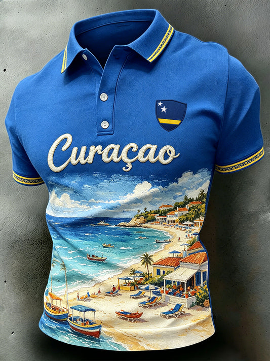 Poloshirt met korte mouwen voor heren en schilderachtige landschapsafdruk