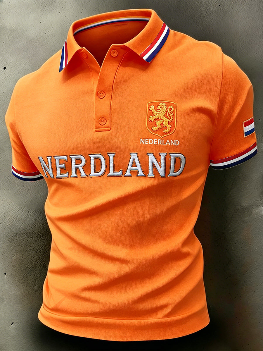 Herenpoloshirt met korte mouwen en leeuwenmotiefprint
