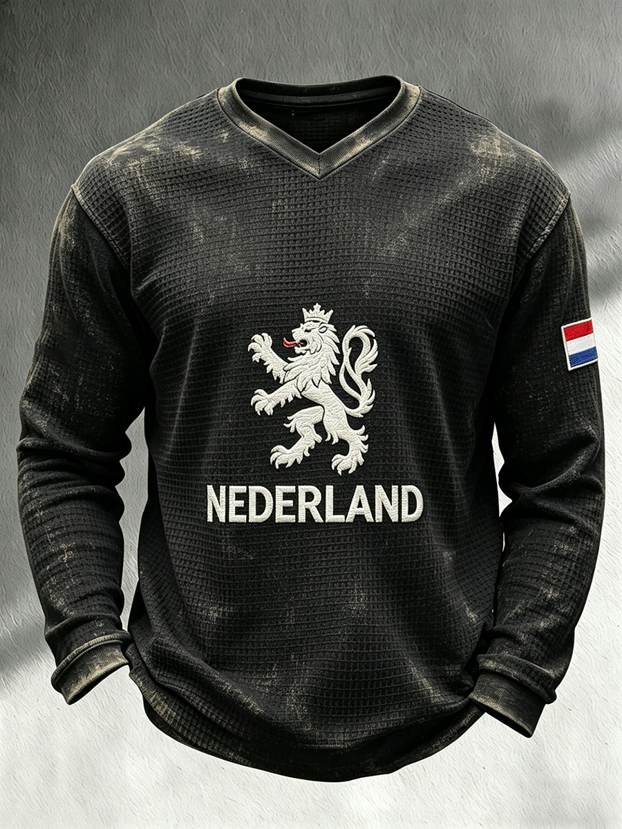 Heren lange mouwen wafel T-shirt met leeuw motief print